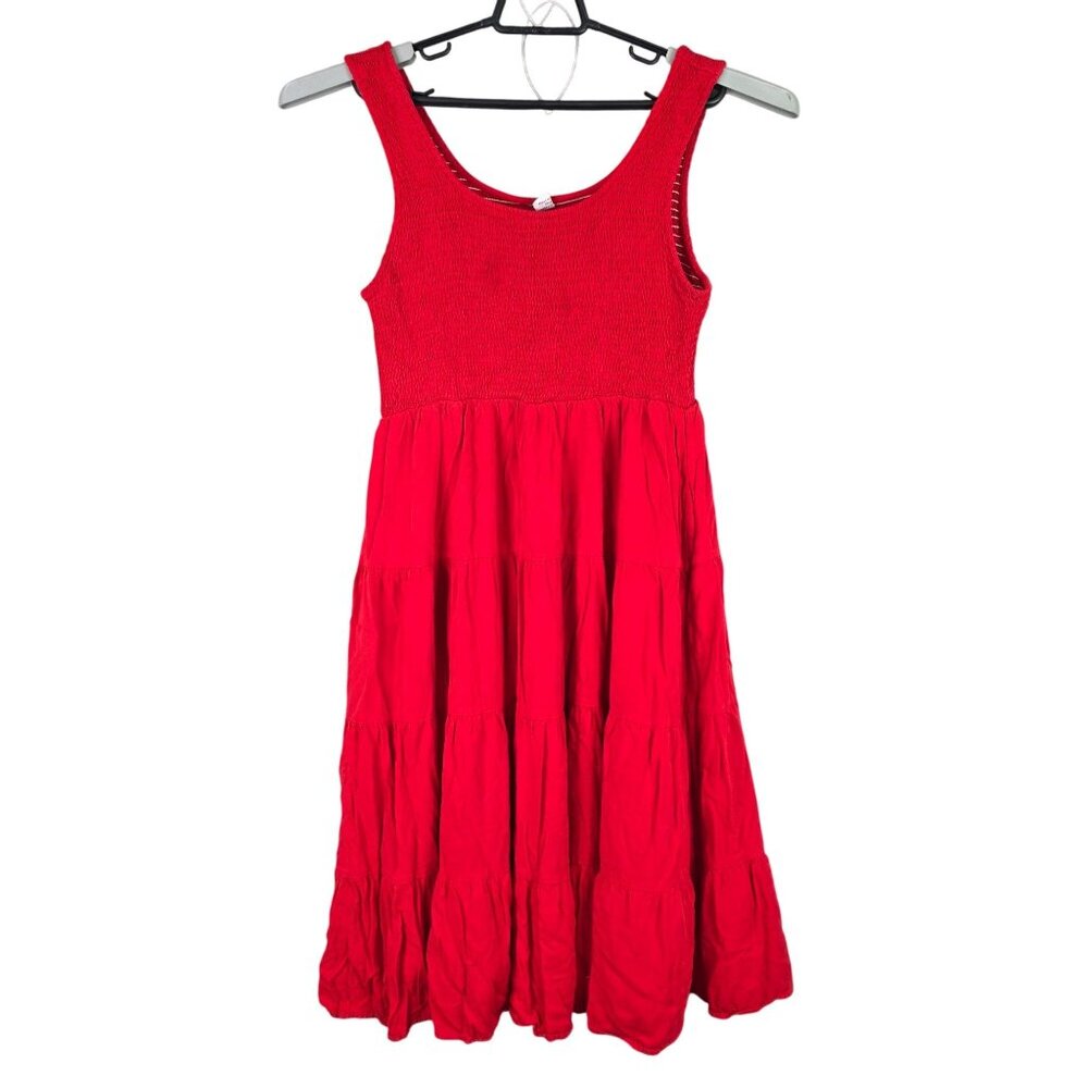 Womens Arabess Red Sleeveless Smocked Bodice Tiered Tank Dress 100% Rayon Size L